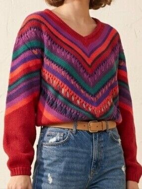 Vintage 80s 20 Ans By Mariea Kim V-Neck Multi-Color Chevron Boho Sweater Size M